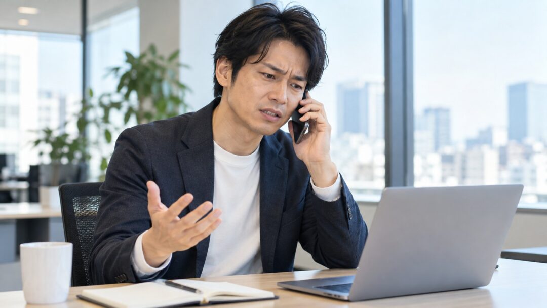 電話の内容を確認しながら話すビジネスパーソン