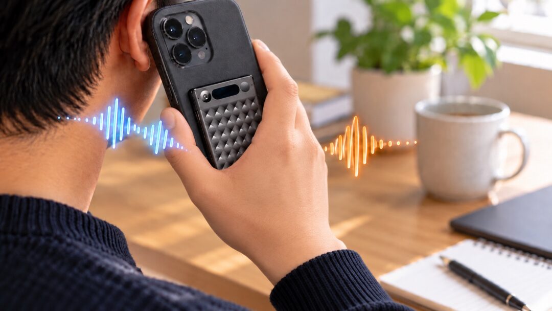 右手でスマートフォンを持ちNotta Memoで通話録音するイメージ