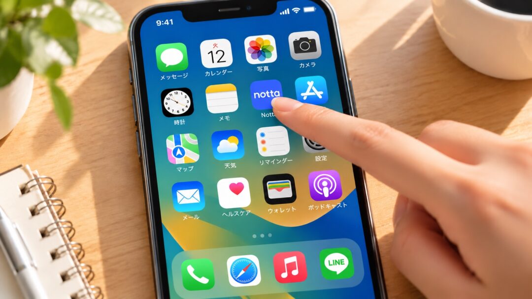 iPhoneのホーム画面でNotta公式アプリアイコンをタップする操作